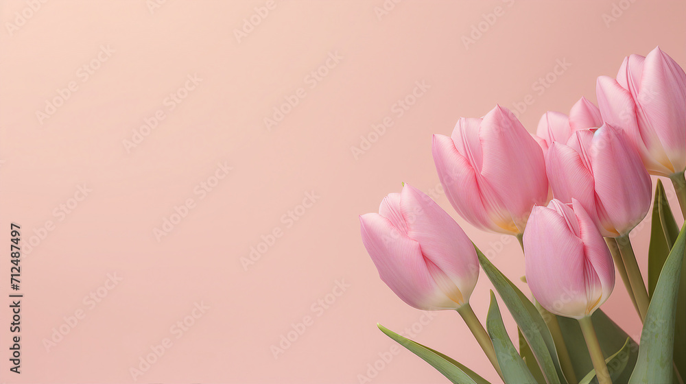 Close-Up Pink Tulips on Beige: Botanical Fine Art Poster with Vibrant Spring Flowers, Delicate Petals, and Soft Background Copy Space for Elegant Decor and Floral Creativity