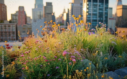 A rewilding project on a city rooftop, featuring native grasses and flowers