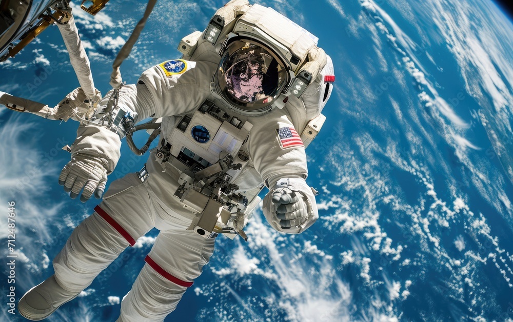 An astronaut is attached to the International Space Station, performing a spacewalk with the Earth's horizon in the background. - obrazy, fototapety, plakaty 