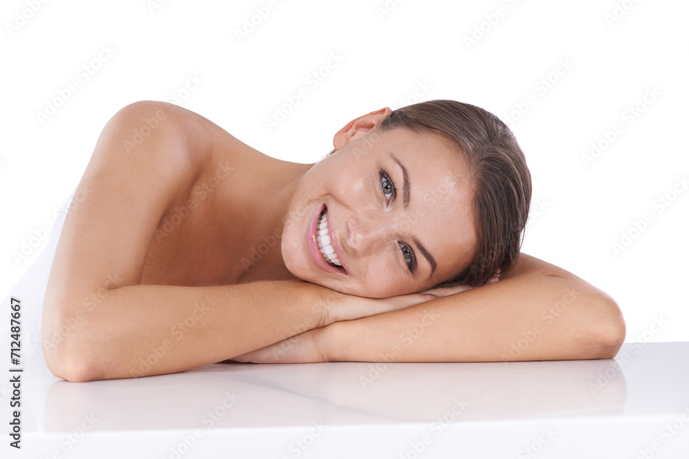 Studio, table and portrait of woman with skincare in white background and happiness in beauty. Cosmetic, facial and girl with a smile for dermatology health, wellness and relax with head on arms Studio, table and portrait of woman with skincare in white background and happiness in beauty. Cosmetic, facial and girl with a smile for dermatology health, wellness and relax with head on arms