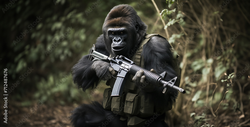 gorilla with a machine gun in his hand on the forest background gorilla with a machine gun in his hand on the forest background