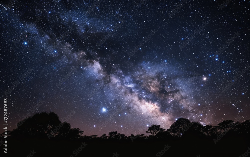 The night sky is filled with twinkling stars and the Milky Way galaxy