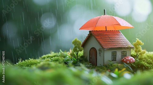 home insurance and protection, featuring a family house secured under an umbrella, symbolizing safety and security against potential risks and damages.