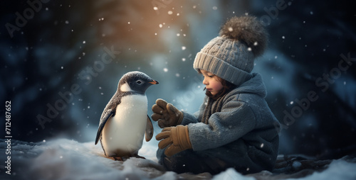 a 5-year old boy wearing winter sweater and a small penguin in the snow, penguin in polar regions photo