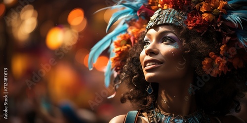 face of a cute curly hair brazilian girl at the carnival in Rio de Janeiro, poster, banner