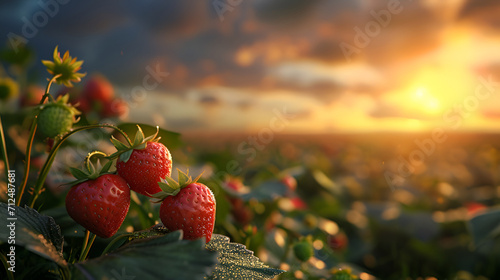 Golden hour illuminates wet strawberries, creating a picturesque scene of agricultural bounty and natural beauty. Copy space