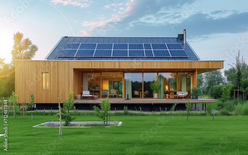 Sustainable living: An image of a modern eco-friendly home with solar panels and energy-efficient design