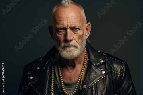 Portrait of an old man in a leather jacket. Men's beauty, fashion.