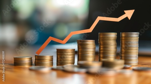 Financial development in business, showcasing increasing profit growth with upward trending graphs, currency symbols, and corporate imagery. photo