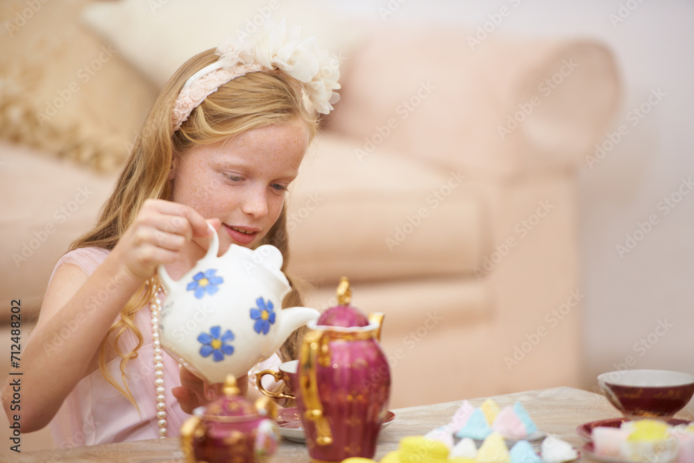 Girl, tea pot and party in home for birthday celebration fun or sweet dessert for dress up fancy game, play or snack. Female person, child and candy food in living room for holiday, event or lunch Girl, tea pot and party in home for birthday celebration fun or sweet dessert for dress up fancy game, play or snack. Female person, child and candy food in living room for holiday, event or lunch
