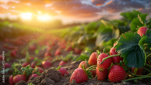 Strawberries on the vine at dusk, their red hues enriched by the warm, sinking sun. copy space photo