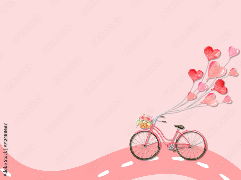bicycle with heart balloons on a road with matching background for Valentine's Day