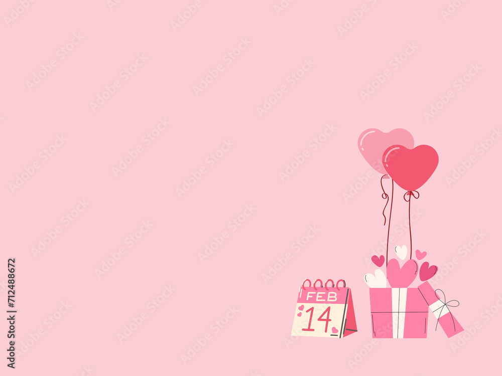 gift box with hearts and balloons, next to an almanac with the date February 14 and a background matching Valentine's Day