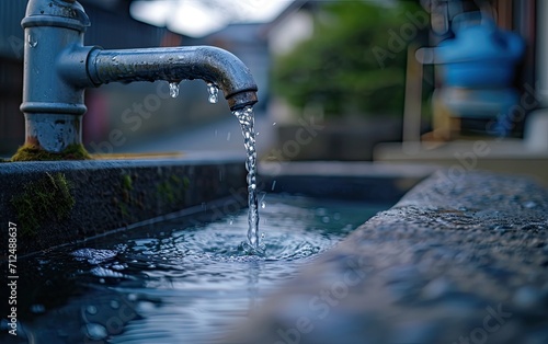 High-speed capture of Water Flow From a Pipe in a Lush Garden at Dusk, with droplets frozen mid-air by the camera's quick shutter speed