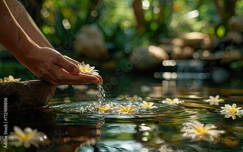 A hand carefully touches the surface of the water, causing ripples around floating white flowers