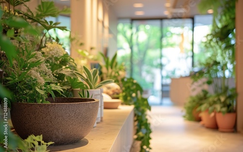 Wellness Clinic Oasis: A wellness clinic with plants, showcasing the compatibility of medical devices with a nature-centric design, fostering a sense of tranquility and healing