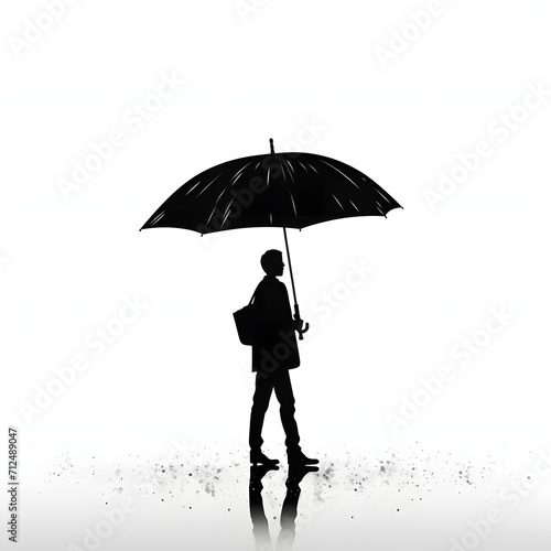 Person holding an umbrella in the rain isolated on white background, simple style, png 