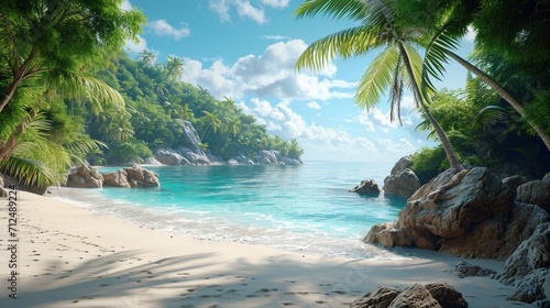 A serene palm-fringed cove with ivory sands  where azure waters gently lap against the shore  inviting a tranquil escape into the heart of a tropical paradise 
