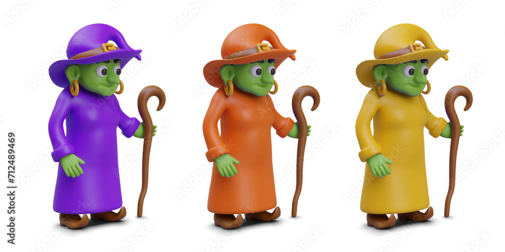 Green skinned witch in hat and pointed boots. Set of 3D characters of ...