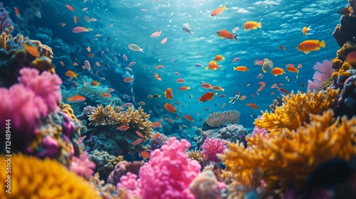 Vibrant coral reefs teeming with exotic marine life, where clear turquoise waters reveal a kaleidoscope of colors beneath the surface, creating an underwater spectacle © IBRAHEEM'S AI