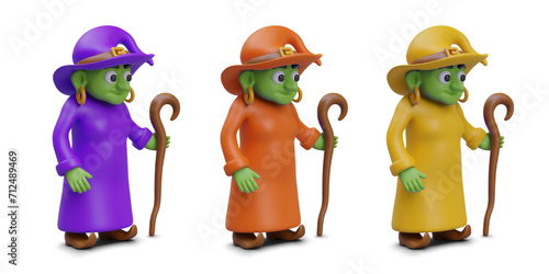 Green skinned witch in hat and pointed boots. Set of 3D characters of different colors. Old witch with cane. Magical person. Vector isolated image in children style
