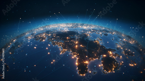 Many Satellites Flying over Earth as Seen from the Space  They Connect and Cover Planet with Digitalization Network of Information. Global Data Grid Connecting Whole World. 3D VFX Rendering