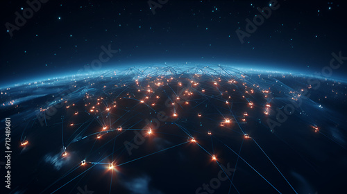 Many Satellites Flying over Earth as Seen from the Space, They Connect and Cover Planet with Digitalization Network of Information. Global Data Grid Connecting Whole World. 3D VFX Rendering