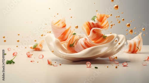 A dish of a sliced salmon with a splash of creamy custard.