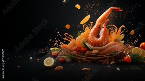 A dish of a shrimp with a splash of spicy sauces.