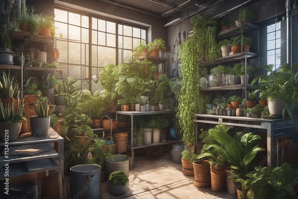 Sunny Indoor Garden with Lush Potted Plants