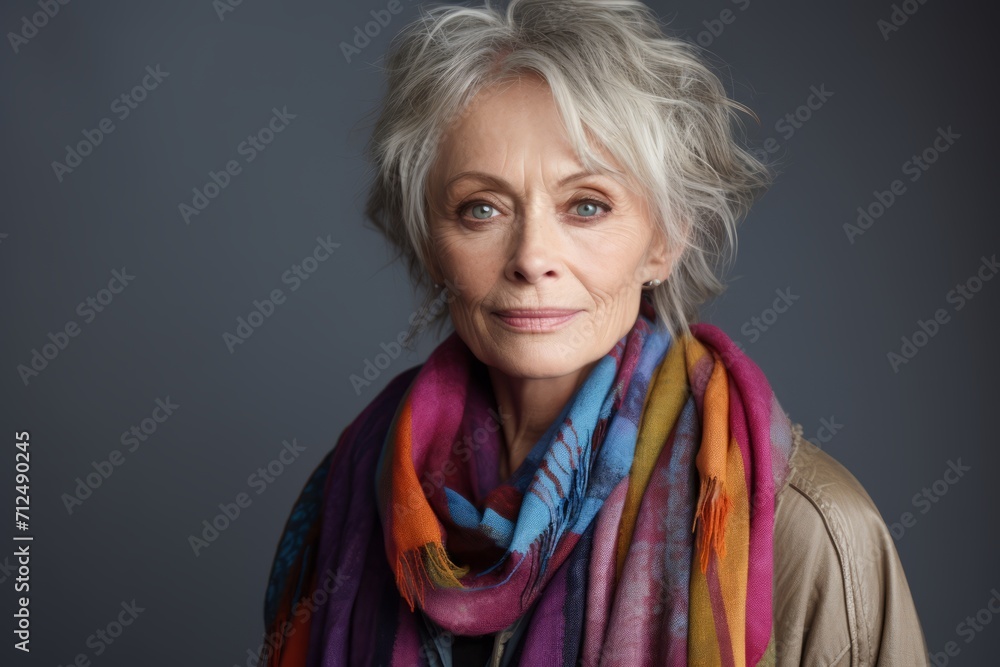 Portrait of a beautiful senior woman wearing a scarf over grey background Portrait of a beautiful senior woman wearing a scarf over grey background