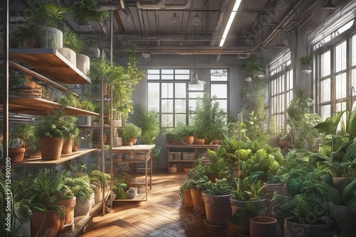 Sunny Indoor Garden with Lush Potted Plants © miriam artgraphy