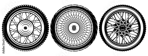 Set of three different style motorcycle wheels. Classic and styling disc. Urban and sporty look. Vector monochrome illustration photo