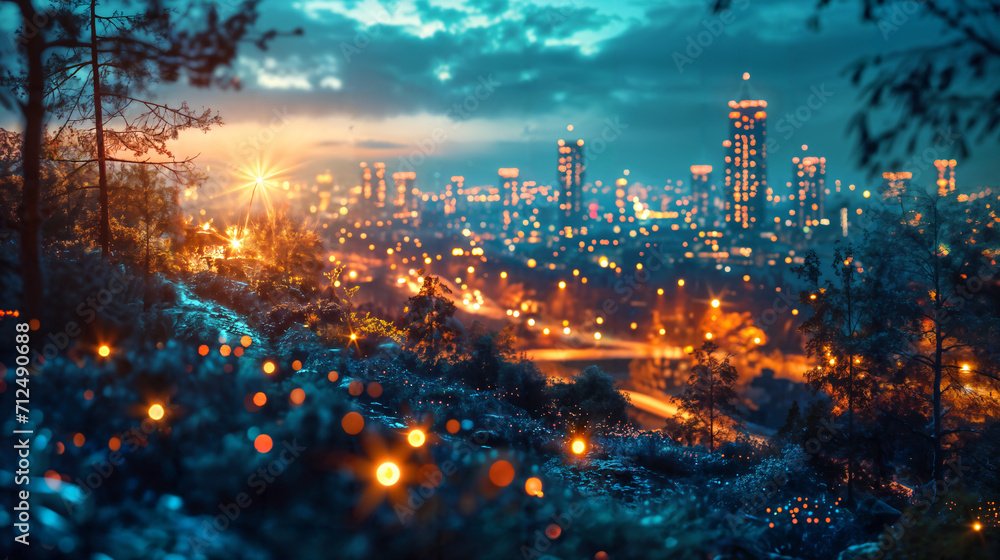 City Lights at Dusk from Forest. Created with Generative AI City Lights at Dusk from Forest. Created with Generative AI