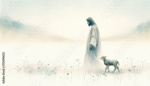 Digital painting of Jesus Christ walking with a lamb in the meadow. photo