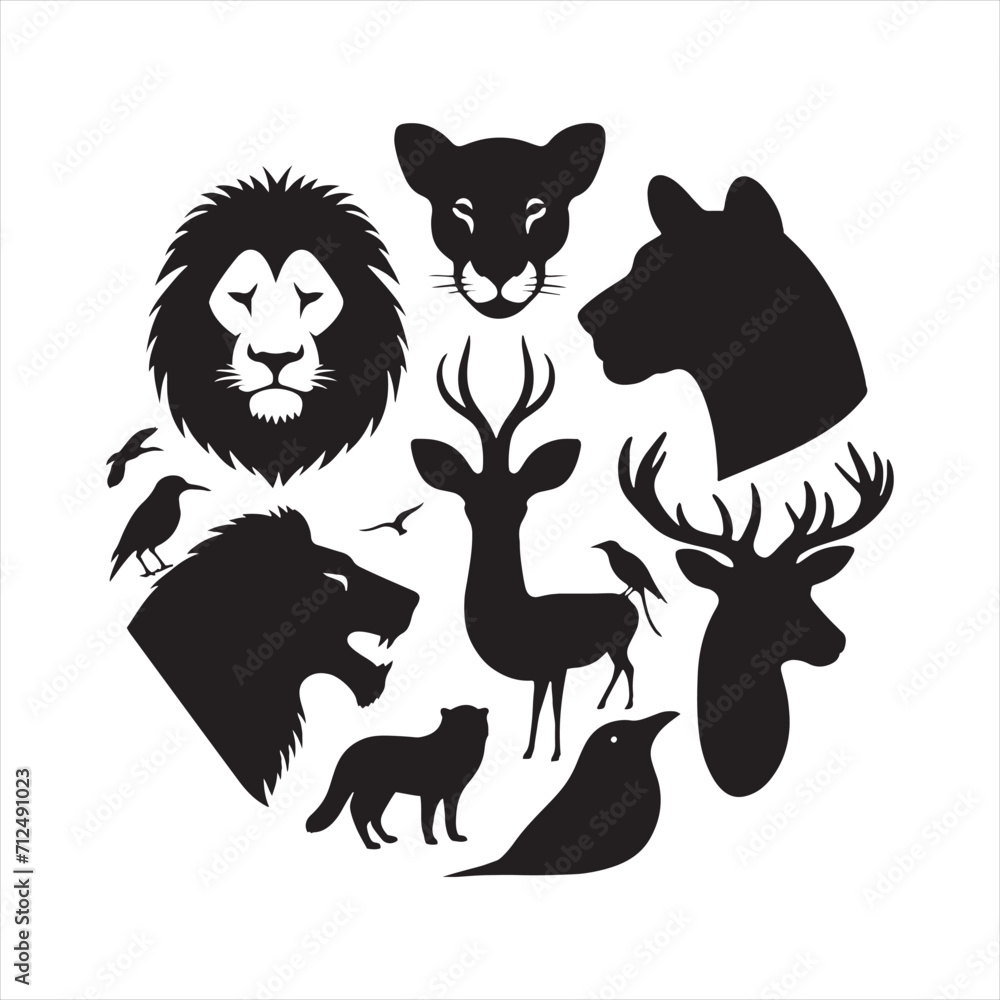 Harmonious Howls: Set of Animal Face Silhouettes Echoing the Symphony of Wild Voices in Wildlife - Animals Illustration - Safari Vector
