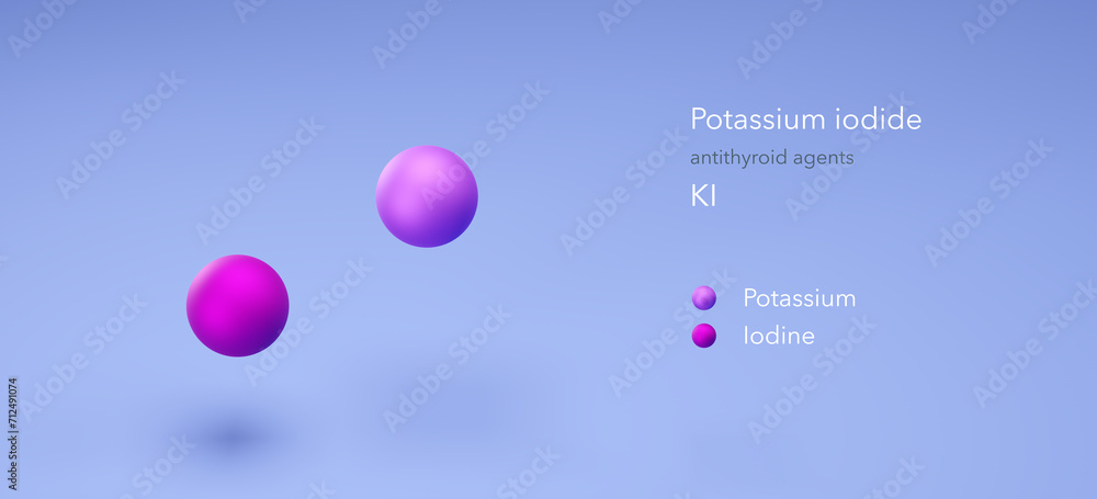 potassium iodide molecule, molecular structures, antithyroid agents, 3d model, Structural Chemical Formula and Atoms with Color Coding potassium iodide molecule, molecular structures, antithyroid agents, 3d model, Structural Chemical Formula and Atoms with Color Coding