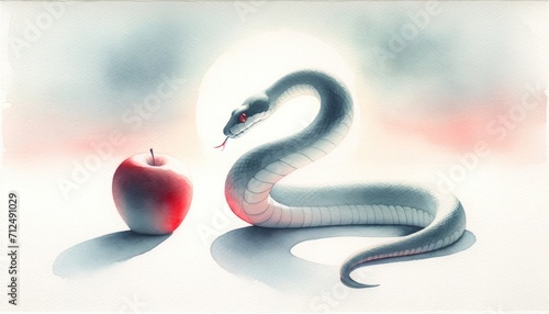 The original sin. Digital painting of an apple and a snake on a white background photo