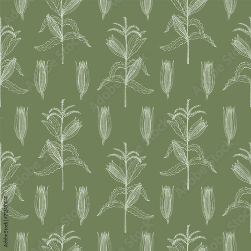 Corn background hand drawn seamless pattern. Vector repeating backdrop with corn cobs, kernels, cereal plant branch, maize field. Agricultural crop, harvesting, food, sweet corn flakes, porridge