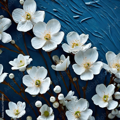 White spring flowers on a blue textured background. Flat lay, top view. High brush technic. forget me not flower