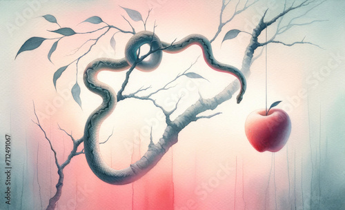 The original sin. Watercolor illustration of an apple and a snake on a tree branch. photo