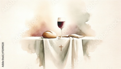 Eucharistic symbols. Lord's supper symbols: Bible, wine glass and bread on the table. Digital watercolor painting. photo