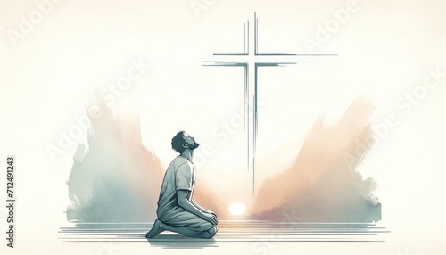 Praying man in front of the cross. Christian concept. photo
