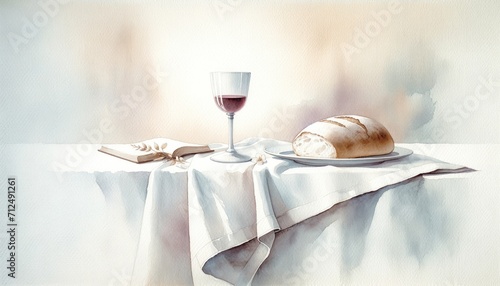 Eucharistic symbols. Lord's supper symbols: Bible, wine glass and bread on the table. Digital watercolor painting.