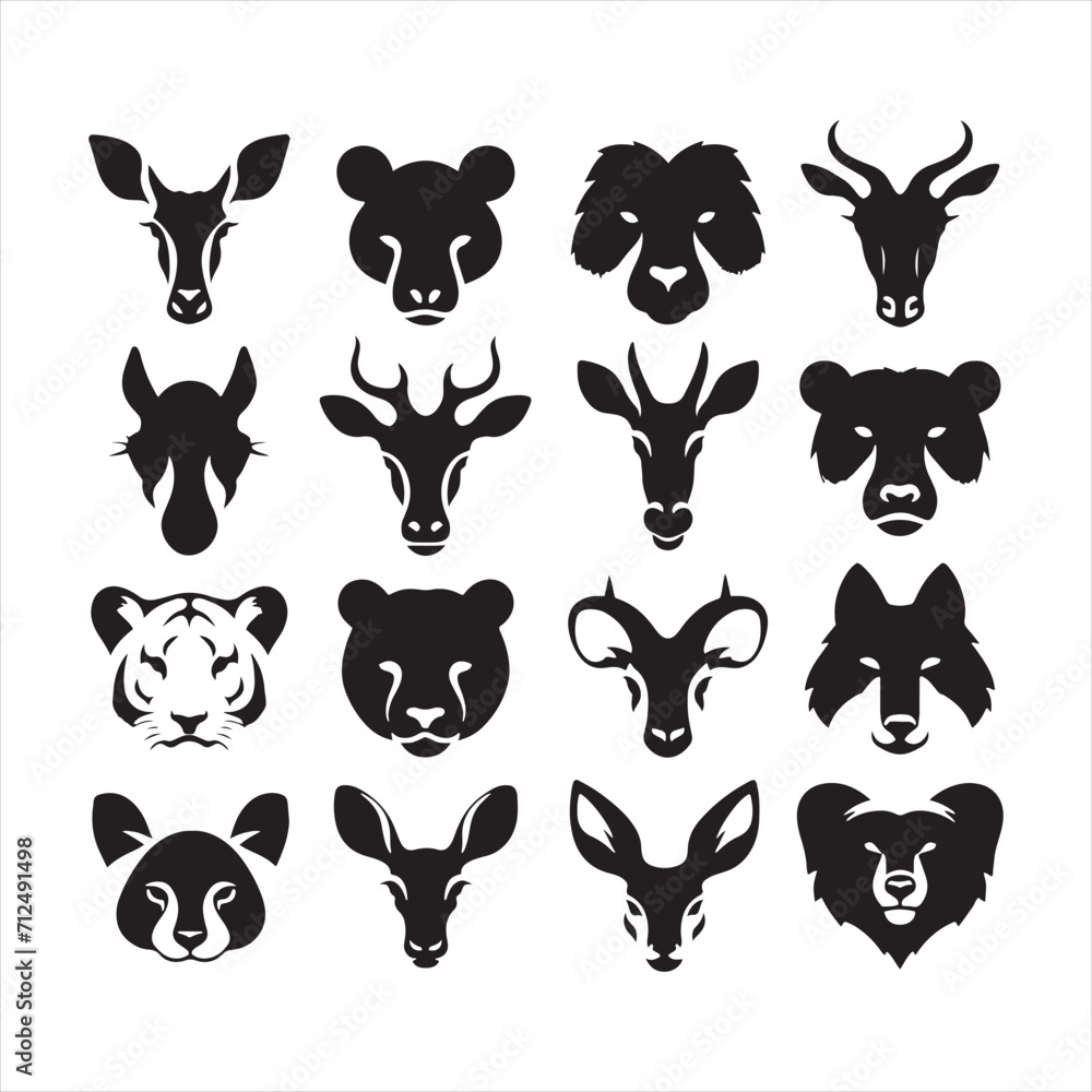 Enchanting Portraits: Set of Animal Face Silhouettes Evoking the Magical Essence of the Natural World - Animals Illustration - Safari Vector
