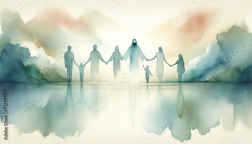  People holding hands with Jesus Christ. Digital watercolor painting. 