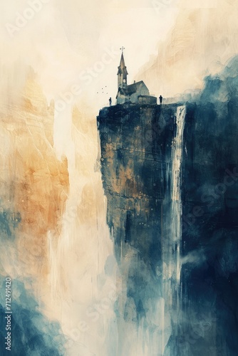 Digital painting of a man standing on top of a cliff with a church in the background
