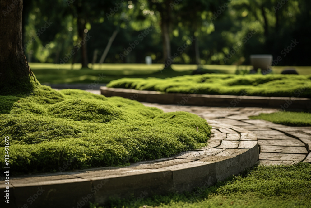 Fototapeta premium Natural Grass Turfs Rolling Over Inside Residential Backyard. Landscaping Industry Job 