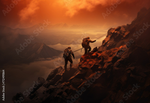 Hikers climbing on rock, mountain at sunset, one of them giving hand and helping to climb. Help, support, assistance in a dangerous situation
