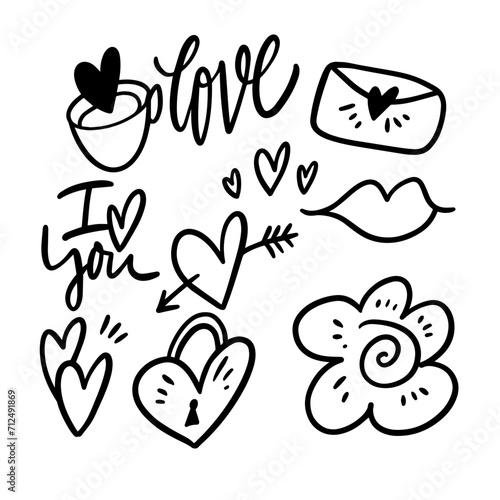Love romantic set doodle object. Hand drawn line art style flat design.